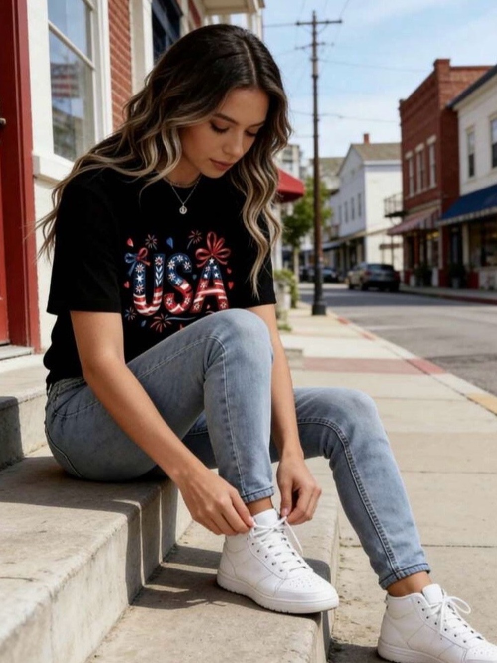 USA Patriotic Graphic Tee Black Fourth of July Fireworks Shirt American Casual - Picture 4 of 6